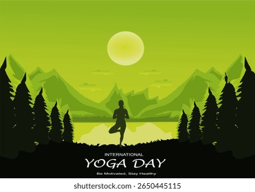 International yoga day vector illustration June 21. Woman doing yoga pose.
