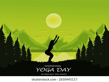 International yoga day vector illustration June 21. Woman doing yoga pose.