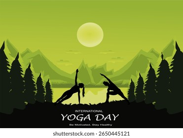 International yoga day vector illustration June 21. Woman doing yoga pose.