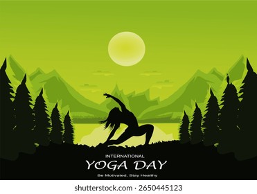 International yoga day vector illustration June 21. Woman doing yoga pose.