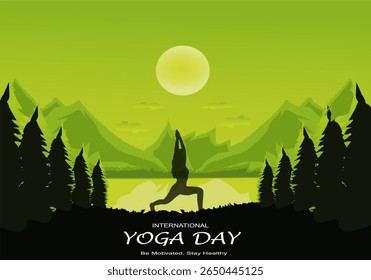 International yoga day vector illustration June 21. Woman doing yoga pose.