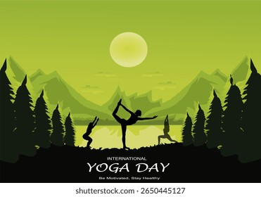International yoga day vector illustration June 21. Woman doing yoga pose.