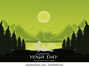 International yoga day vector illustration June 21. Woman doing yoga pose.