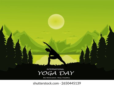 International yoga day vector illustration June 21. Woman doing yoga pose.