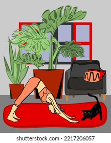 International Yoga day vector. Meditation Practice Yoga Colorful Fitness Concept. a girl in a Downward facing dog , meditates with a cat in a room with plants on a yoga mat