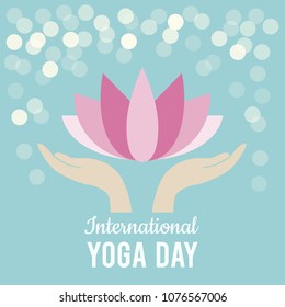 International Yoga Day. Vector stock illustration. Symbols and signs. Can be used to design a greeting card, a banner, a poster. Place for text. Logo for fitness club, design, corporate identity.