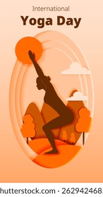International Yoga Day. Vertical template. Utkatasana or Chair pose. Paper cut design. Isolated vector illustration