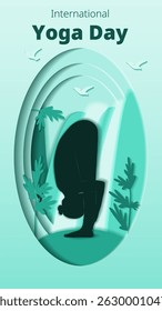 International Yoga Day. Vertical template. Uttanasana pose. Standing Forward Bend pose. Paper cut design. Isolated vector illustration