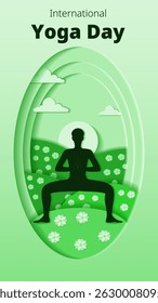 International Yoga Day. Vertical template. Utkata Konasana pose. Goddess pose. Paper cut design. Isolated vector illustration