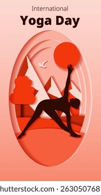 International Yoga Day. Vertical template. Trikonasana pose. Triangle pose. Paper cut design. Isolated vector illustration