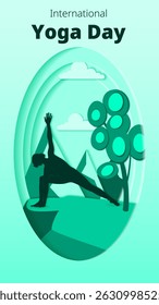 International Yoga Day. Vertical template. Parshvakonasana pose. Side Angle pose. Paper cut design. Isolated vector 