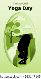 International Yoga Day. Vertical template. Padangushthasana pose. Big Toe pose. Paper cut design. Isolated vector illustration