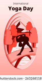 International Yoga Day. Vertical template. Parshvottanasana pose. Pyramid pose. Paper cut design. Isolated vector illustration