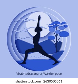 International Yoga Day. Virabhadrasana pose. Warrior pose. Paper cut design. Isolated vector illustration.