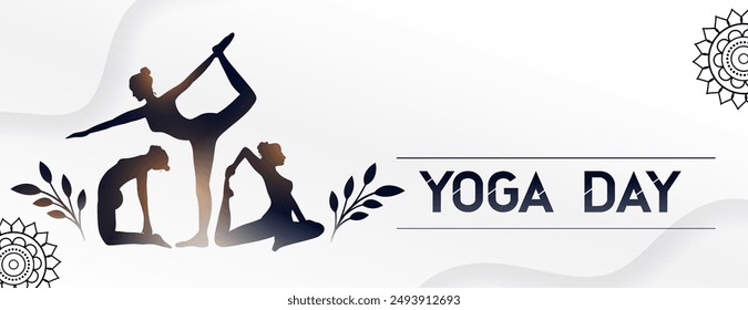 international yoga day white banner woman doing asana with leaves vector