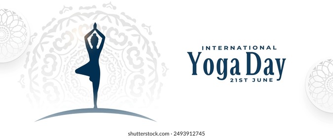 international yoga day white banner woman in surya namaskar posture vector