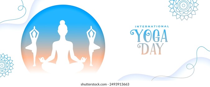 international yoga day white banner woman doing different yoga posture vector 