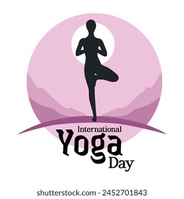 Día Internacional del Yoga. Mujer en postura corporal de yoga en el fondo. Ilustración vectorial creativa.