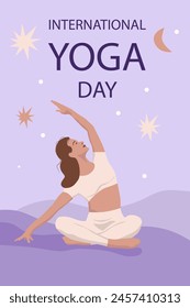 International Yoga Day. Woman does an asana. Background for  International Yoga Day. Banner, poster, greeting card,web