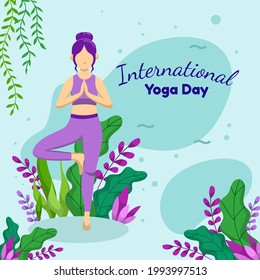 International Yoga Day. A woman poses for yoga in a shady treehouse at her home. A person relaxes his body and mind through yoga, which keeps him refreshed and strong. Vector flat illustration