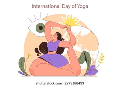 International yoga day. Woman in a sportswear doing yoga and meditation. Mindfulness and relaxation practices, stretching and breathing exercise. Flat vector illustration