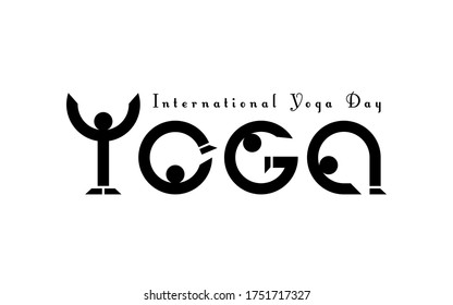 International Yoga Day. The word "Yoga" is made up of simplified figures. Design for Greeting cards. Vector art, black on white background, isolated.