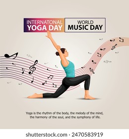 día internacional del yoga y día mundial de la música. postura corporal del yoga. Mujer practicando yoga. Diseño de Ilustración vectorial