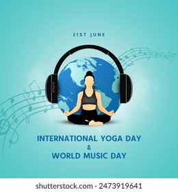 día internacional del yoga y día mundial de la música. postura corporal del yoga. Mujer en posición de loto. Diseño de Ilustración vectorial