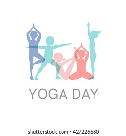 International yoga day.Vector illustration. Poster. Transparent yoga silhouettes.