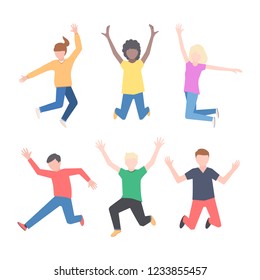 International young joyful people jumping with their hands up. Happypositive guys and girls are happy. Vector illustration in flat cartoon style isolated on white background.
