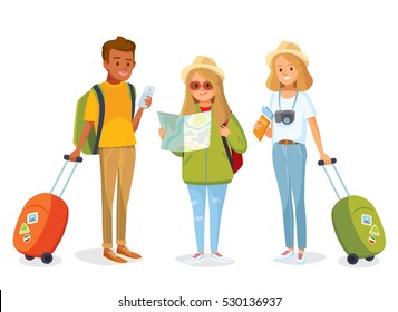 International Young People With Travel Bag And Map Traveling