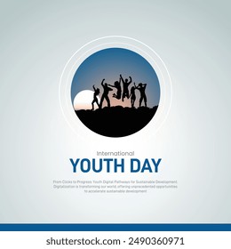 International Youth Day 2024 creative banner, poster, social media post, template, background, postcard design. From Clicks to Progress: Youth Digital Pathways for Sustainable Development.