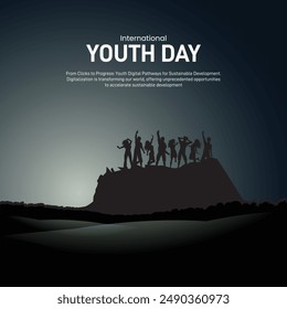 International Youth Day 2024 creative banner, poster, social media post, template, background, postcard design. From Clicks to Progress: Youth Digital Pathways for Sustainable Development.