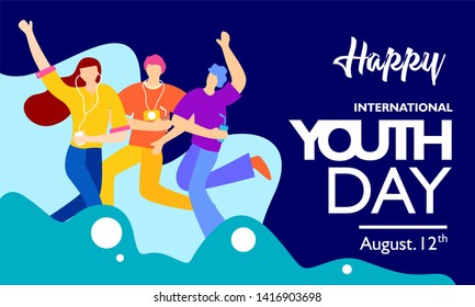 International youth day, August 12 th. with active and passionate young people illustration. on blue wave shape and blue background