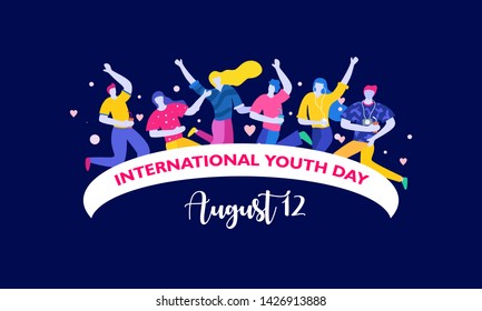 International youth day. August 12. Campaign vector illustration with colorful crowd people