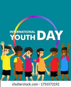 International youth day. August 12. Campaign vector illustration with colorful crowd people for friendship symbol