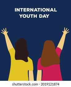 International youth day with back view of two girls on blue background.