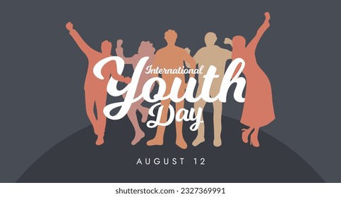 International Youth Day Banner With Calligraphy Hand Drawn Young People Sillhouette