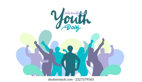 International Youth Day Banner With Calligraphy Hand Drawn Young People Sillhouette