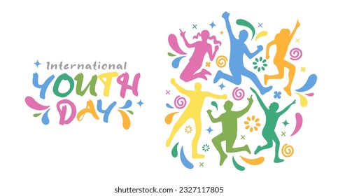 International Youth Day Banner With Young People Sillhouette Abstract Colorful Doodle 