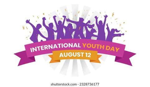 International Youth Day Banner With Young People Sillhouette Colorful Confetti Ornaments 