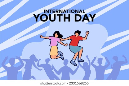 International Youth Day Celebration, Friendly team, cooperation, friendship, Card with colorful crowd people