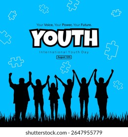 International Youth Day design with empowering message, community silhouettes, and vibrant puzzle graphics. Ideal for social campaigns and awareness.