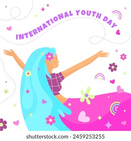 International Youth Day design. Modern Cheerful young girl with blue long hair with abstract flowers, stars has fun