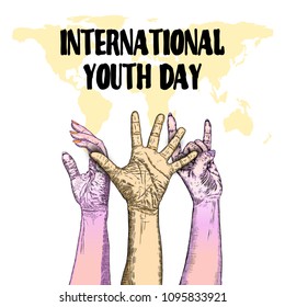 International Youth day design on annual 12 August celebration. Hand drawn sketch concept. Design of friendship day. Friends day. Vector. 