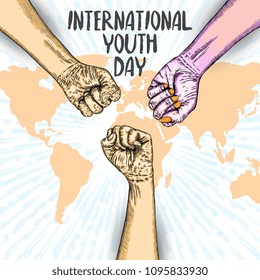 International Youth day design on annual 12 August celebration. Hand drawn sketch concept. Design of friendship day. Friends day. Vector. 