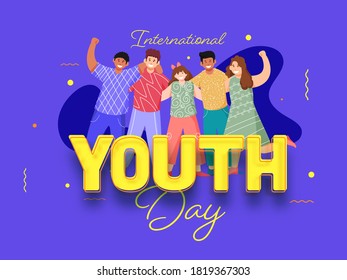 International Youth Day Font with Group of Young Boys and Girls Together Standing on Violet Background.