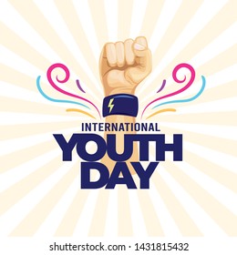 International Youth Day . Hand fist raised up poster, banner, greeting card vector illustration