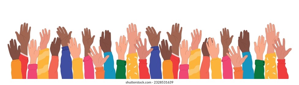 International youth day. Happy LeftHanders Day. Group raised arms of colleagues or friends diverse culture. Community people diversity. Compassion.