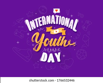 International Youth Day Horizontal Banner Template. Playful Caption With Like Bubble, Film Tape, Video Player, Soccer Ball, Gaming Console, Ice Cream, Sneakers Icons. Teens And Young Celebration.